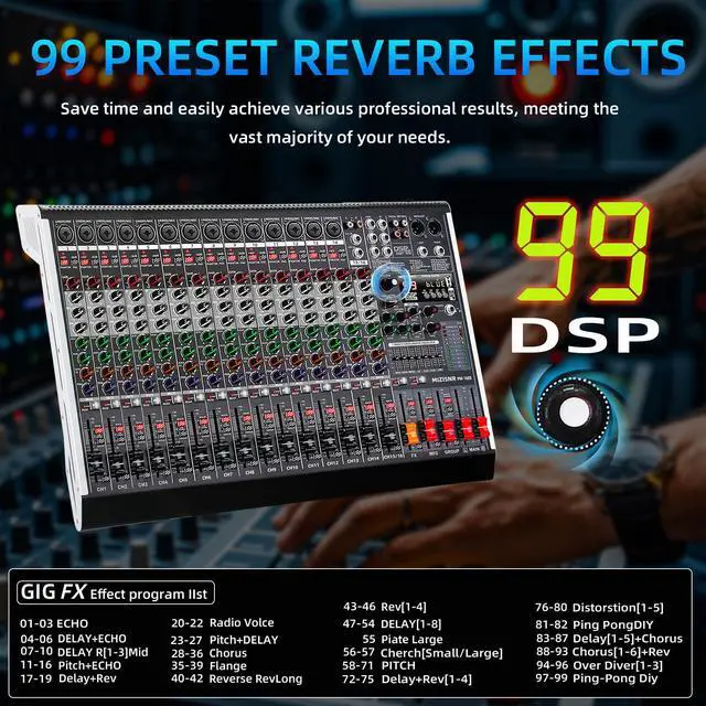 Alt view image 3 of 7 - 16 Channel Audio Mixer Professional Sound Mixing Board with 99 DSP Effects, 7-band EQ Digital DJ Mixer Console w/USB Bluetooth MP3 for Recording, Independent 48V Power & Mute Button