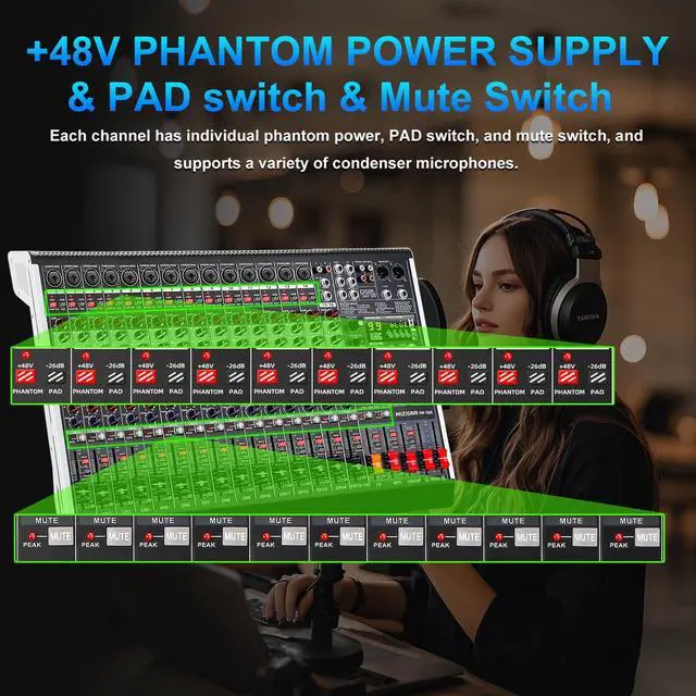 Alt view image 4 of 7 - 16 Channel Audio Mixer Professional Sound Mixing Board with 99 DSP Effects, 7-band EQ Digital DJ Mixer Console w/USB Bluetooth MP3 for Recording, Independent 48V Power & Mute Button