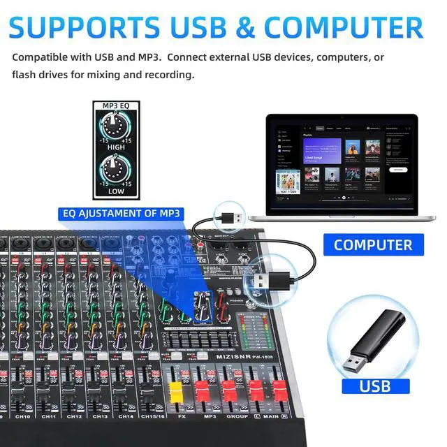 Alt view image 5 of 7 - 16 Channel Audio Mixer Professional Sound Mixing Board with 99 DSP Effects, 7-band EQ Digital DJ Mixer Console w/USB Bluetooth MP3 for Recording, Independent 48V Power & Mute Button