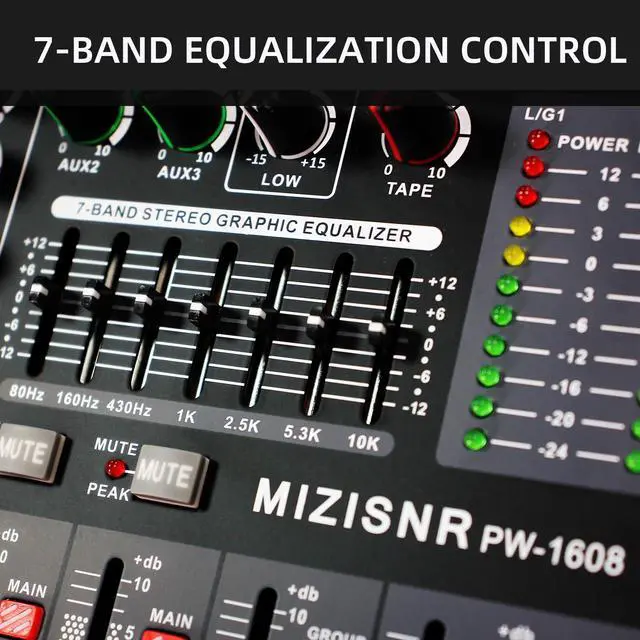 Alt view image 6 of 7 - 16 Channel Audio Mixer Professional Sound Mixing Board with 99 DSP Effects, 7-band EQ Digital DJ Mixer Console w/USB Bluetooth MP3 for Recording, Independent 48V Power & Mute Button