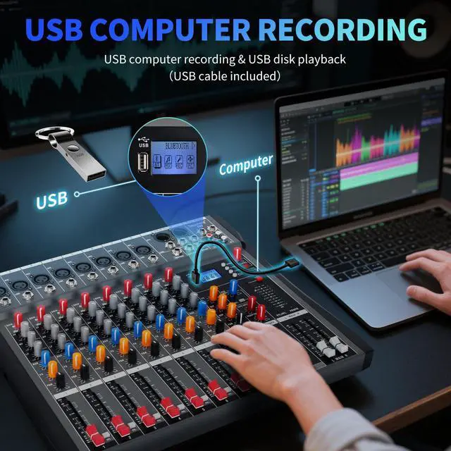 Alt view image 2 of 7 - Audio Mixer Professional 8 channel,DX8 Sound Board DJ Mixing Console System Interface USB MP3 Input Bluetooth 48V Phantom Power,Black, USB Audio Mixer for PC,for Studio Karaoke Live Music