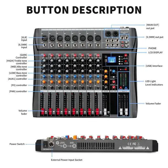 Alt view image 6 of 7 - Audio Mixer Professional 8 channel,DX8 Sound Board DJ Mixing Console System Interface USB MP3 Input Bluetooth 48V Phantom Power,Black, USB Audio Mixer for PC,for Studio Karaoke Live Music