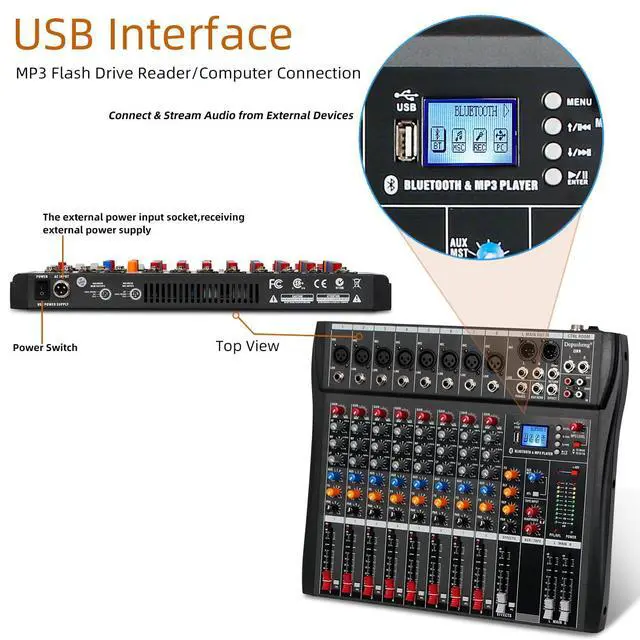 Alt view image 7 of 7 - Audio Mixer Professional 8 channel,DX8 Sound Board DJ Mixing Console System Interface USB MP3 Input Bluetooth 48V Phantom Power,Black, USB Audio Mixer for PC,for Studio Karaoke Live Music