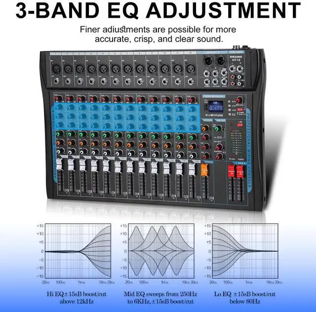 Alt view image 5 of 7 - 12 Channel Audio Interfacer Sound Board Mixer DJ Mixer 16-Bit DSP Effect USB Audio Mixer +48V Phantom Power Bluetooth Mixer for Karaoke Studio Streaming Recording,Live Streaming