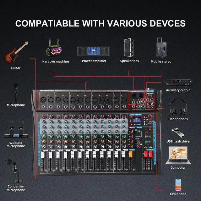 Alt view image 2 of 7 - 12 Channel Audio Interfacer Sound Board Mixer DJ Mixer 16-Bit DSP Effect USB Audio Mixer +48V Phantom Power Bluetooth Mixer for Karaoke Studio Streaming Recording,Live Streaming