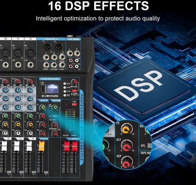 Alt view image 7 of 7 - 12 Channel Audio Interfacer Sound Board Mixer DJ Mixer 16-Bit DSP Effect USB Audio Mixer +48V Phantom Power Bluetooth Mixer for Karaoke Studio Streaming Recording,Live Streaming