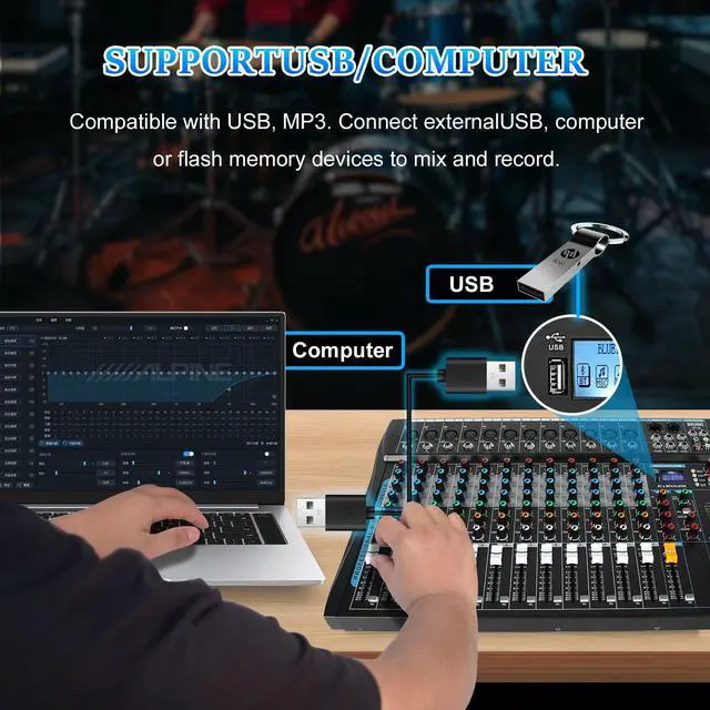 Alt view image 4 of 7 - 12 Channel Audio Interfacer Sound Board Mixer DJ Mixer 16-Bit DSP Effect USB Audio Mixer +48V Phantom Power Bluetooth Mixer for Karaoke Studio Streaming Recording,Live Streaming