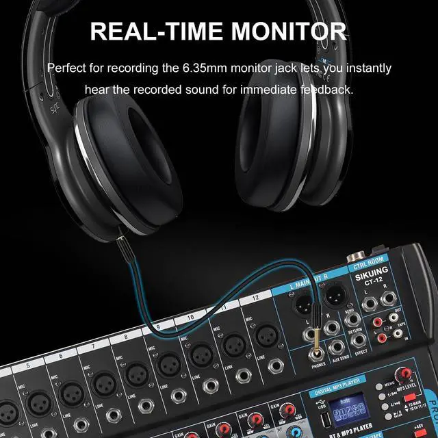 Alt view image 6 of 7 - 12 Channel Audio Interfacer Sound Board Mixer DJ Mixer 16-Bit DSP Effect USB Audio Mixer +48V Phantom Power Bluetooth Mixer for Karaoke Studio Streaming Recording,Live Streaming