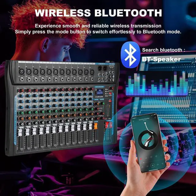 Alt view image 3 of 7 - 12 Channel Audio Interfacer Sound Board Mixer DJ Mixer 16-Bit DSP Effect USB Audio Mixer +48V Phantom Power Bluetooth Mixer for Karaoke Studio Streaming Recording,Live Streaming