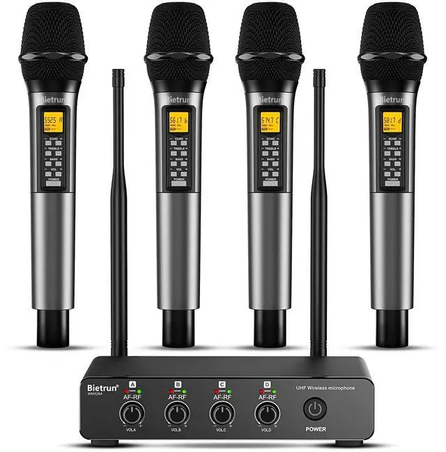 Main image of 4 Channel Wireless Microphone with Echo/Treble/Bass, 160 ft UHF Range, 4 XLR+1/4Output, Metal Cordless Handheld Dynamic Mics System for Wedding, Church, Karaoke, Singing, DJ(Auto Connect)