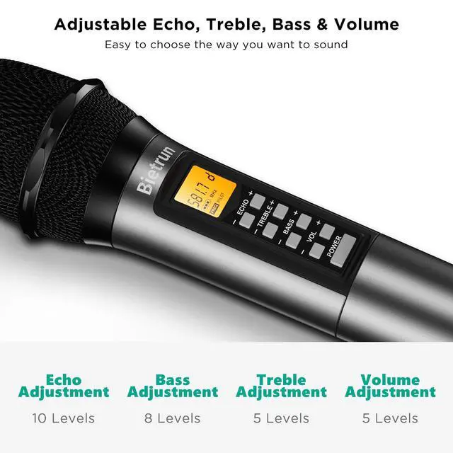 Alt view image 2 of 7 - 4 Channel Wireless Microphone with Echo/Treble/Bass, 160 ft UHF Range, 4 XLR+1/4Output, Metal Cordless Handheld Dynamic Mics System for Wedding, Church, Karaoke, Singing, DJ(Auto Connect)