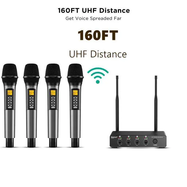 Alt view image 3 of 7 - 4 Channel Wireless Microphone with Echo/Treble/Bass, 160 ft UHF Range, 4 XLR+1/4Output, Metal Cordless Handheld Dynamic Mics System for Wedding, Church, Karaoke, Singing, DJ(Auto Connect)
