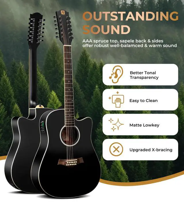 Alt view image 2 of 7 - 12 String Guitar Acoustic Electric, Upgraded Guitar 12 Strings Bundle for Beginner Intermediate Adults Teens, Guitarra de 12 Cuerdas, Spruce Top Bone Nut, Black, Matte