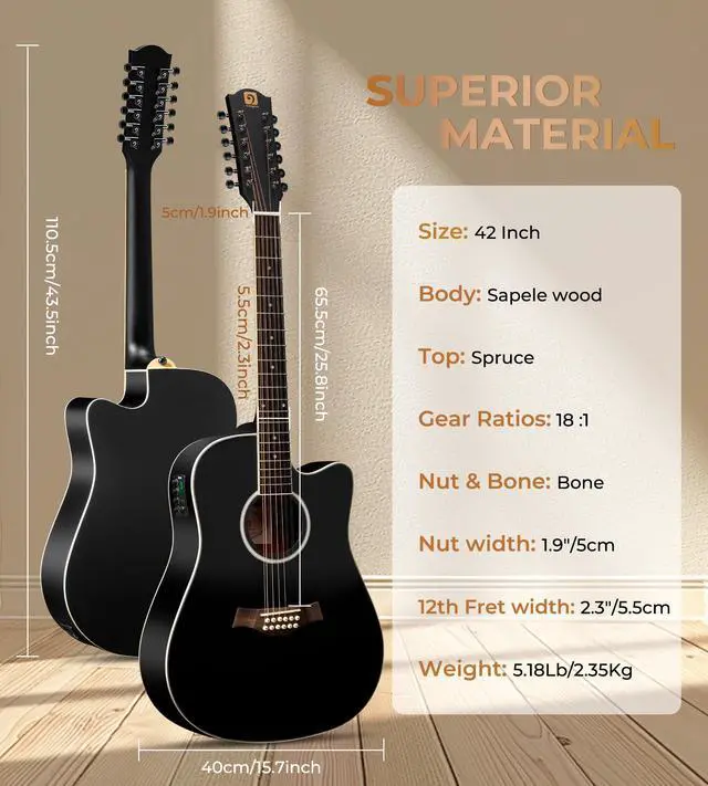 Alt view image 5 of 7 - 12 String Guitar Acoustic Electric, Upgraded Guitar 12 Strings Bundle for Beginner Intermediate Adults Teens, Guitarra de 12 Cuerdas, Spruce Top Bone Nut, Black, Matte