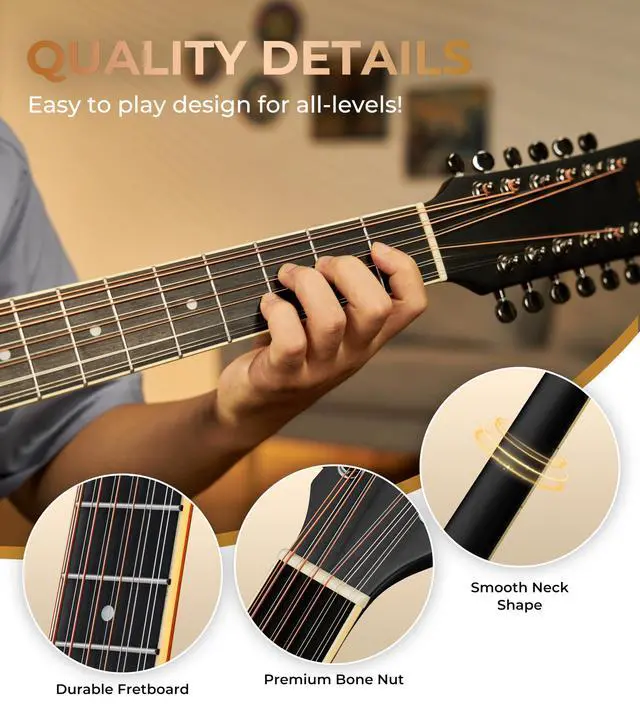 Alt view image 6 of 7 - 12 String Guitar Acoustic Electric, Upgraded Guitar 12 Strings Bundle for Beginner Intermediate Adults Teens, Guitarra de 12 Cuerdas, Spruce Top Bone Nut, Black, Matte