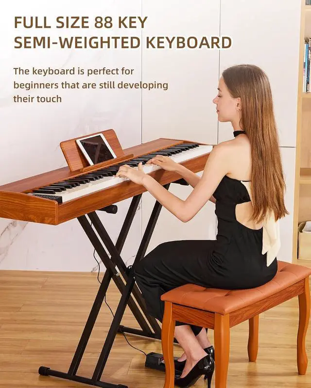 Alt view image 2 of 7 - Digital Piano 88 key Semi Weighted Keyboard With X Stand & Sustain Pedal, Full-Size Beginner Electric Piano For Bluetooth, Headphone Mode, USB-MIDI (Brown)