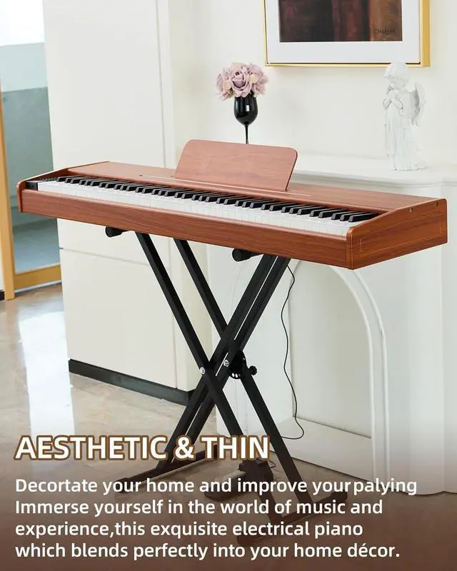 Alt view image 3 of 7 - Digital Piano 88 key Semi Weighted Keyboard With X Stand & Sustain Pedal, Full-Size Beginner Electric Piano For Bluetooth, Headphone Mode, USB-MIDI (Brown)