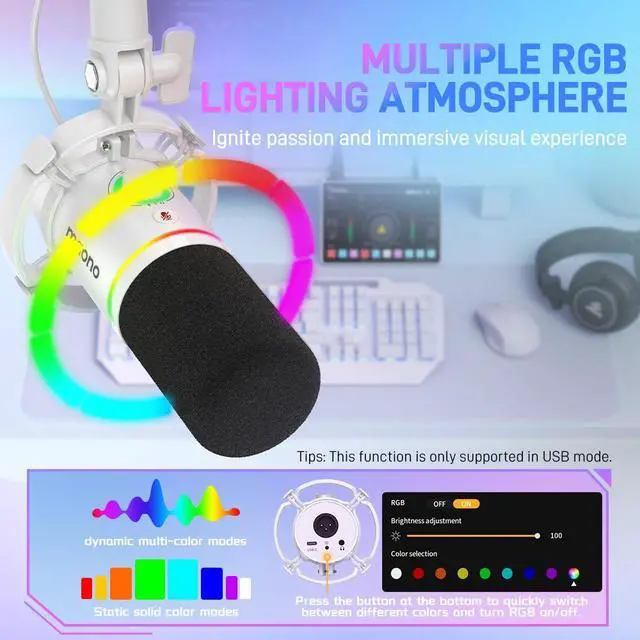 Alt view image 3 of 7 - PD200X XLR/USB Dynamic Microphone, RGB Gaming Mic with Software | PC Mic with Mute, Gain Knob, Volume Control and Headphone Jack for Gaming, Streaming, Podcasting, Recording, White