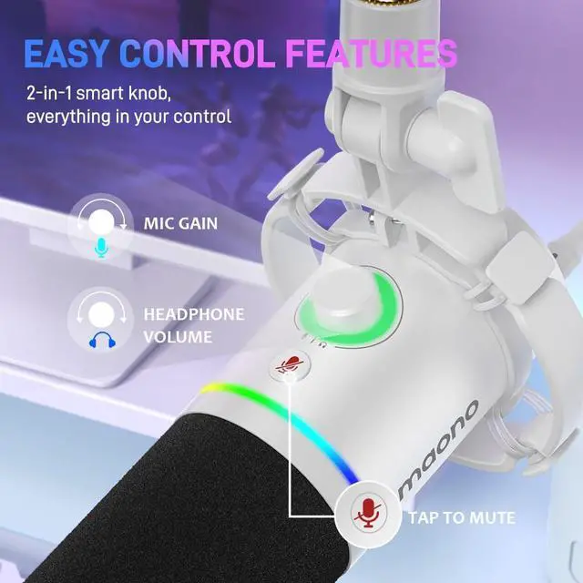 Alt view image 4 of 7 - PD200X XLR/USB Dynamic Microphone, RGB Gaming Mic with Software | PC Mic with Mute, Gain Knob, Volume Control and Headphone Jack for Gaming, Streaming, Podcasting, Recording, White