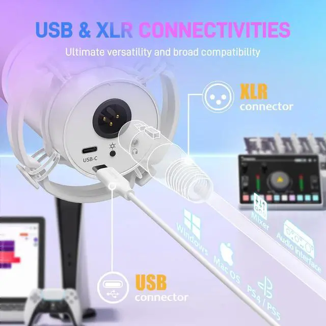 Alt view image 6 of 7 - PD200X XLR/USB Dynamic Microphone, RGB Gaming Mic with Software | PC Mic with Mute, Gain Knob, Volume Control and Headphone Jack for Gaming, Streaming, Podcasting, Recording, White