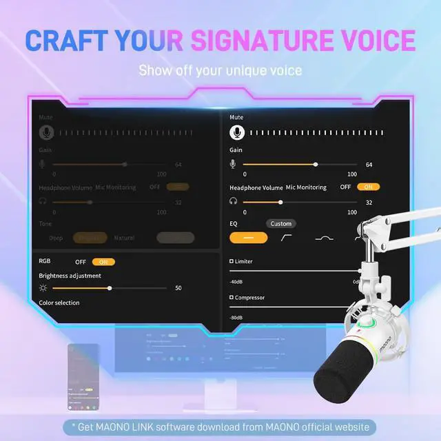 Alt view image 7 of 7 - PD200X XLR/USB Dynamic Microphone, RGB Gaming Mic with Software | PC Mic with Mute, Gain Knob, Volume Control and Headphone Jack for Gaming, Streaming, Podcasting, Recording, White