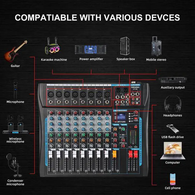 Alt view image 2 of 7 - 8 Channel Audio Mixer Sound Board Mixer 16 DSP Effect Audio Interfacer w/USB Drive for Computer Recording, 48V Power, XLR Microphone Jack DJ Mixer for Karaoke Studio Streaming Recording