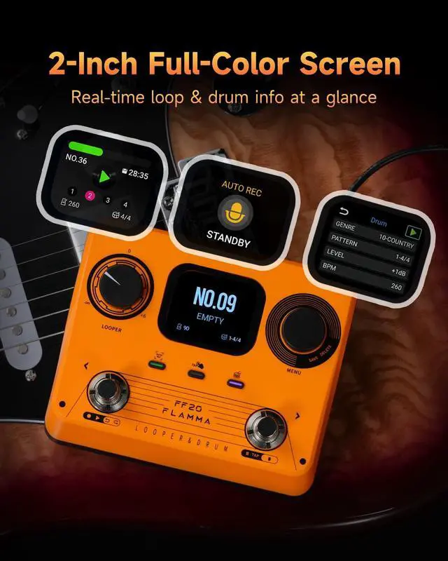 Alt view image 3 of 7 - FF20 Looper Pedal Drum Machine, Drum Looper Guitar Pedal with Screen, 300 Min Recording, 220 Drum Grooves, 100 Loop Slots, Time Stretch, Auto Record, USB & Headphone Out, for Guitar and Bass