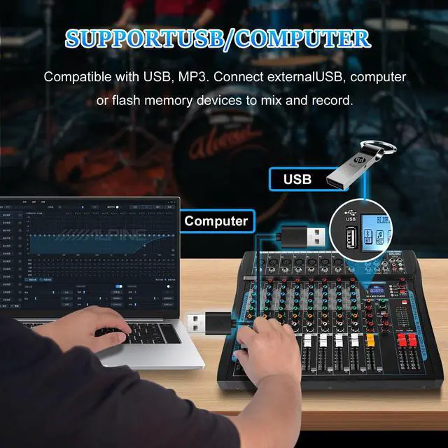Alt view image 4 of 7 - 8 Channel Audio Mixer Sound Board Mixer 16 DSP Effect Audio Interfacer w/USB Drive for Computer Recording, 48V Power, XLR Microphone Jack DJ Mixer for Karaoke Studio Streaming Recording