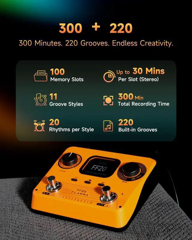 Alt view image 2 of 7 - FF20 Looper Pedal Drum Machine, Drum Looper Guitar Pedal with Screen, 300 Min Recording, 220 Drum Grooves, 100 Loop Slots, Time Stretch, Auto Record, USB & Headphone Out, for Guitar and Bass