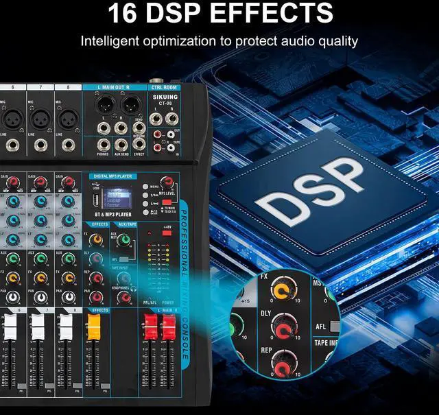Alt view image 7 of 7 - 8 Channel Audio Mixer Sound Board Mixer 16 DSP Effect Audio Interfacer w/USB Drive for Computer Recording, 48V Power, XLR Microphone Jack DJ Mixer for Karaoke Studio Streaming Recording