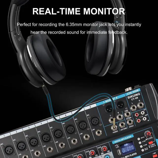 Alt view image 6 of 7 - 8 Channel Audio Mixer Sound Board Mixer 16 DSP Effect Audio Interfacer w/USB Drive for Computer Recording, 48V Power, XLR Microphone Jack DJ Mixer for Karaoke Studio Streaming Recording