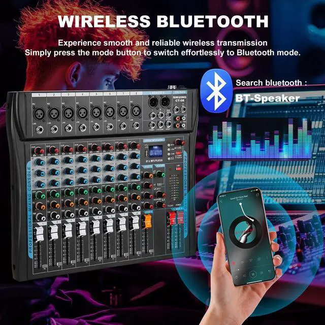 Alt view image 3 of 7 - 8 Channel Audio Mixer Sound Board Mixer 16 DSP Effect Audio Interfacer w/USB Drive for Computer Recording, 48V Power, XLR Microphone Jack DJ Mixer for Karaoke Studio Streaming Recording