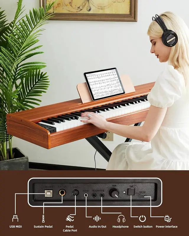 Alt view image 5 of 7 - Digital Piano 88 key Semi Weighted Keyboard With X Stand & Sustain Pedal, Full-Size Beginner Electric Piano For Bluetooth, Headphone Mode, USB-MIDI (Brown)