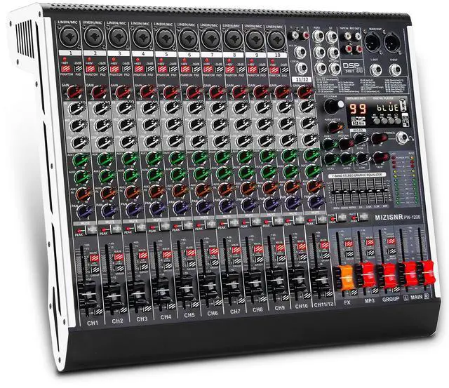 Main image of 12 Channel Audio Mixer Professional Sound Mixing Board with 99 DSP Effects, 7-band EQ Digital DJ Mixer Console w/USB Bluetooth MP3 for Recording, Independent 48V Power & Mute Button
