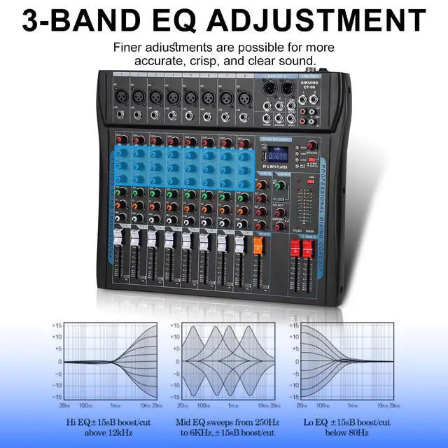Alt view image 5 of 7 - 8 Channel Audio Mixer Sound Board Mixer 16 DSP Effect Audio Interfacer w/USB Drive for Computer Recording, 48V Power, XLR Microphone Jack DJ Mixer for Karaoke Studio Streaming Recording