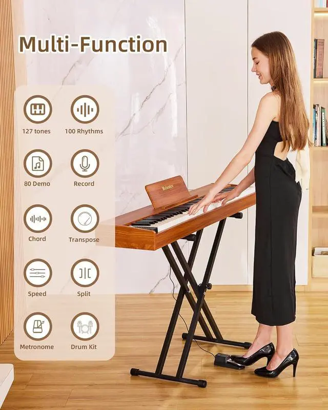 Alt view image 4 of 7 - Digital Piano 88 key Semi Weighted Keyboard With X Stand & Sustain Pedal, Full-Size Beginner Electric Piano For Bluetooth, Headphone Mode, USB-MIDI (Brown)