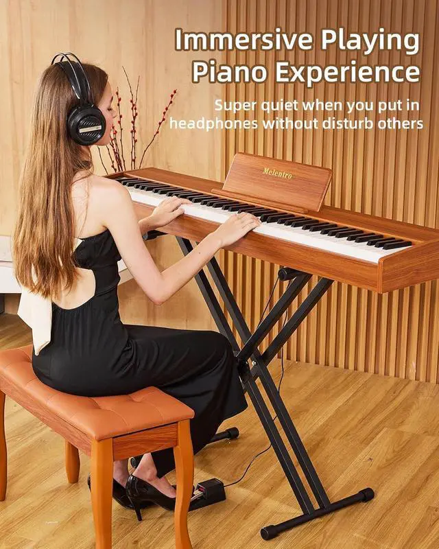 Alt view image 6 of 7 - Digital Piano 88 key Semi Weighted Keyboard With X Stand & Sustain Pedal, Full-Size Beginner Electric Piano For Bluetooth, Headphone Mode, USB-MIDI (Brown)