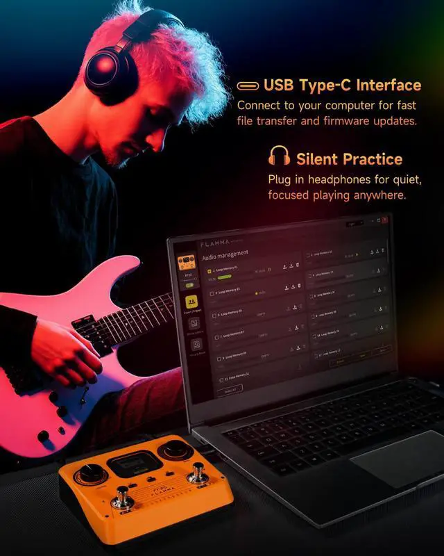 Alt view image 4 of 7 - FF20 Looper Pedal Drum Machine, Drum Looper Guitar Pedal with Screen, 300 Min Recording, 220 Drum Grooves, 100 Loop Slots, Time Stretch, Auto Record, USB & Headphone Out, for Guitar and Bass