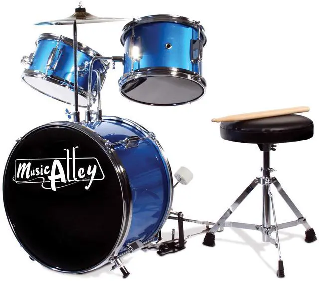 Main image of 3 Piece Kids Drum Set with Throne, Cymbal & Sticks, Blue | Junior drum set for kids with bass drum, snare, tom, cymbal, pedal, throne and sticks for young beginners