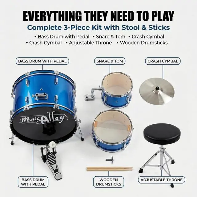 Alt view image 2 of 7 - 3 Piece Kids Drum Set with Throne, Cymbal & Sticks, Blue | Junior drum set for kids with bass drum, snare, tom, cymbal, pedal, throne and sticks for young beginners