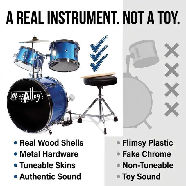 Alt view image 3 of 7 - 3 Piece Kids Drum Set with Throne, Cymbal & Sticks, Blue | Junior drum set for kids with bass drum, snare, tom, cymbal, pedal, throne and sticks for young beginners