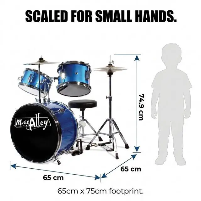 Alt view image 4 of 7 - 3 Piece Kids Drum Set with Throne, Cymbal & Sticks, Blue | Junior drum set for kids with bass drum, snare, tom, cymbal, pedal, throne and sticks for young beginners