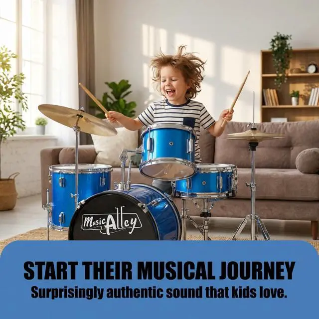 Alt view image 6 of 7 - 3 Piece Kids Drum Set with Throne, Cymbal & Sticks, Blue | Junior drum set for kids with bass drum, snare, tom, cymbal, pedal, throne and sticks for young beginners