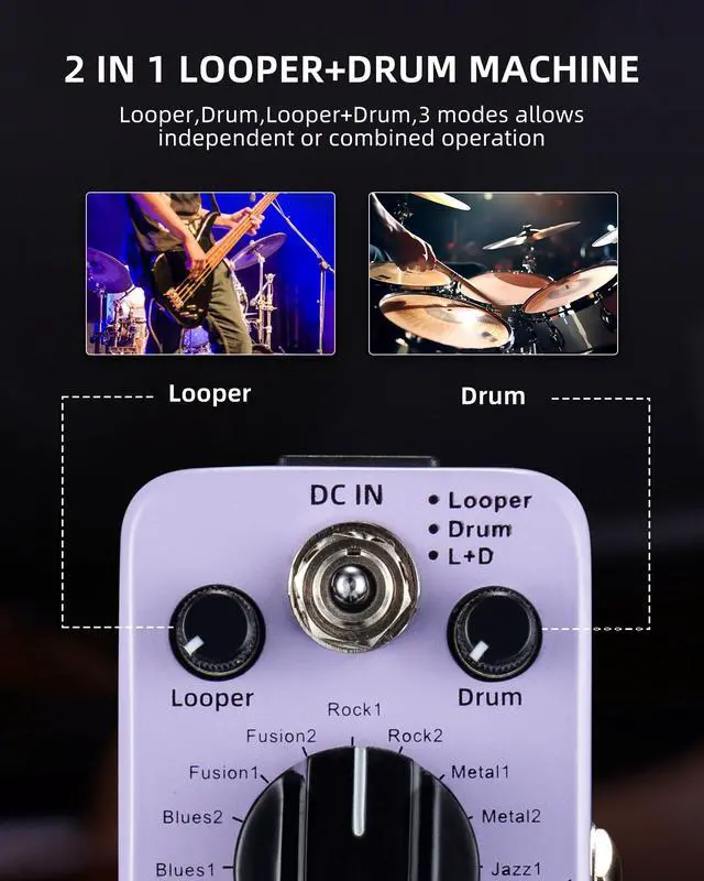 Alt view image 2 of 7 - Drum Looper Pedal, Drum Machine with 20 Minutes Looping, 16 Drum Grooves, 3 Modes, Tap Tempo, Overdubs with the Micro Looper, Mini Loop Guiter Pedals for Electric Guitar