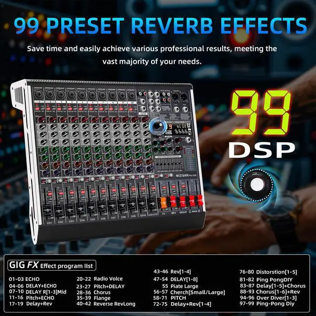 Alt view image 3 of 7 - 12 Channel Audio Mixer Professional Sound Mixing Board with 99 DSP Effects, 7-band EQ Digital DJ Mixer Console w/USB Bluetooth MP3 for Recording, Independent 48V Power & Mute Button