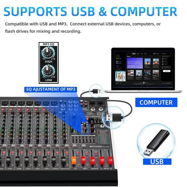 Alt view image 5 of 7 - 12 Channel Audio Mixer Professional Sound Mixing Board with 99 DSP Effects, 7-band EQ Digital DJ Mixer Console w/USB Bluetooth MP3 for Recording, Independent 48V Power & Mute Button