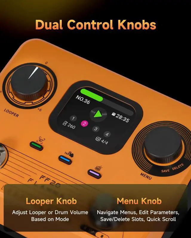 Alt view image 6 of 7 - FF20 Looper Pedal Drum Machine, Drum Looper Guitar Pedal with Screen, 300 Min Recording, 220 Drum Grooves, 100 Loop Slots, Time Stretch, Auto Record, USB & Headphone Out, for Guitar and Bass