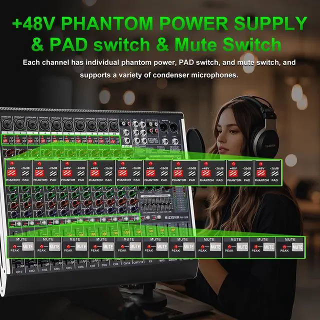 Alt view image 4 of 7 - 12 Channel Audio Mixer Professional Sound Mixing Board with 99 DSP Effects, 7-band EQ Digital DJ Mixer Console w/USB Bluetooth MP3 for Recording, Independent 48V Power & Mute Button
