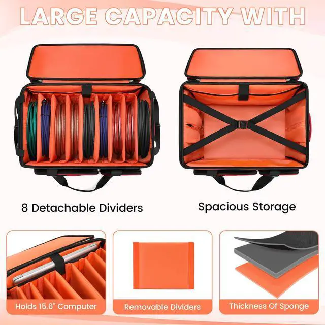 Alt view image 2 of 6 - DJ Cable Bag with Wheels for Equipment,Rolling Gig Bags for Musicians | 8 Detachable Dividers, Multiple Pockets for Laptop Microphone, Durable Fabric, Versatile Carrying, for Outdoor Events Touring