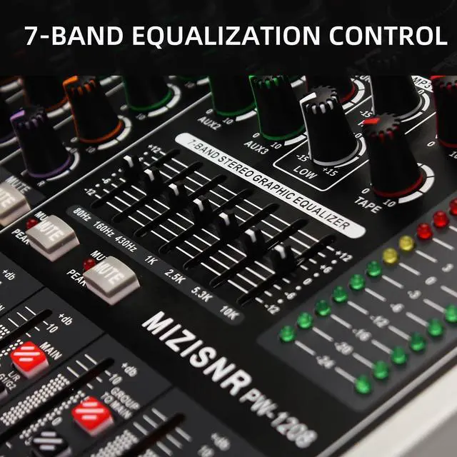 Alt view image 6 of 7 - 12 Channel Audio Mixer Professional Sound Mixing Board with 99 DSP Effects, 7-band EQ Digital DJ Mixer Console w/USB Bluetooth MP3 for Recording, Independent 48V Power & Mute Button